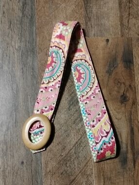 Vera Bradley Floral Pink Patterned Fabric Belt with Wooden Buckle
